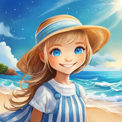 ビーチで微笑む麦わら帽子をかぶった女の子のイラスト