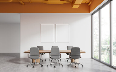 Fototapeta premium White and orange office board room interior with posters