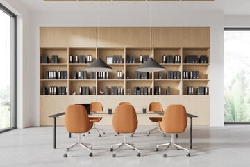 White office board room interior with bookcase