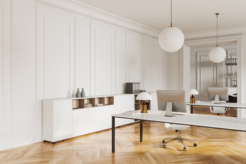 Luxury office interior with workspace and sideboard, pc desktop on table