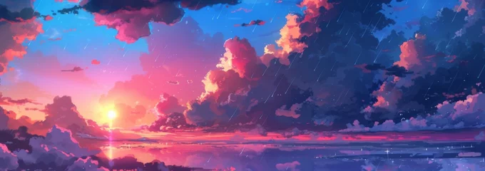 Fototapeten anime painting of rainy clouds and sunlight, in the style of high detailed, romantic landscape © wanna