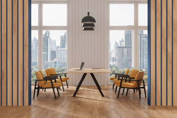 Stylish business meeting room interior with table and chairs, panoramic window