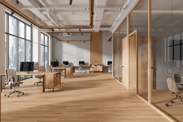 Gray and wooden open space office interior