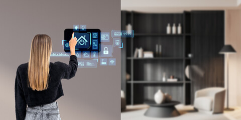 Woman using tablet with smart home interface, virtual screen and technologies