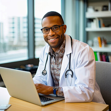 lifestyle photo African American Doctor in modern office with computer.