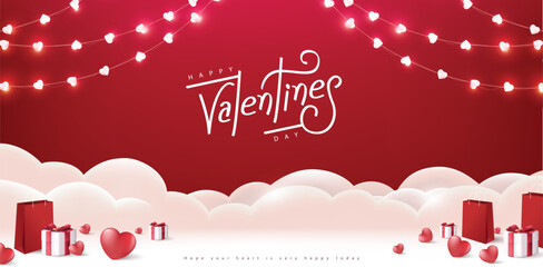 Happy Valentine's day banner background with gift box and heart decorate on stage and valentines calligraphy