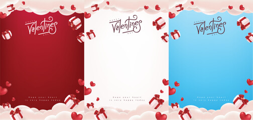 Collection Happy Valentine's day poster banner background template with gift box and red heart empty space