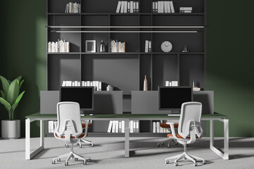 Modern business interior with coworking space and shelf with decoration