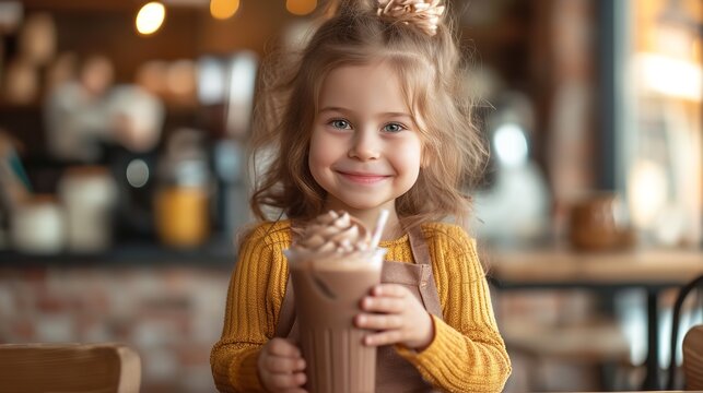 Big copy space with cute little girl holding a chocolate shake glass in restaurant, Generative AI.