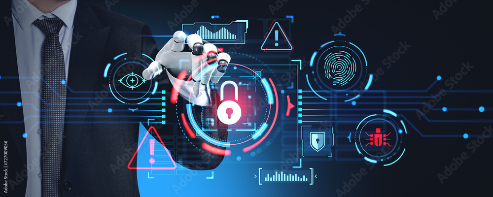 Poster robot finger touch glowing cybersecurity dashboard with big business data
