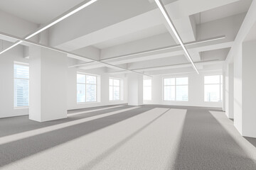 White empty office interior with panoramic window on skyscrapers