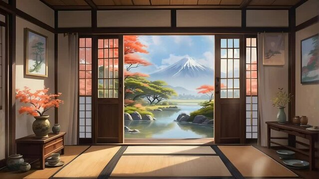 japanese tradional house with garden in the morning background with butterfly. Landscape Animation. Generative AI video looping animation