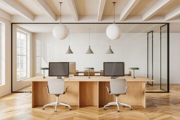 Workplace in white open space office interior - obrazy, fototapety, plakaty