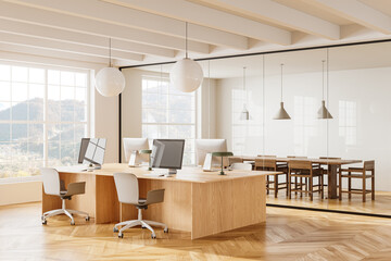 Stylish office interior with coworking and meeting room with panoramic window - obrazy, fototapety, plakaty