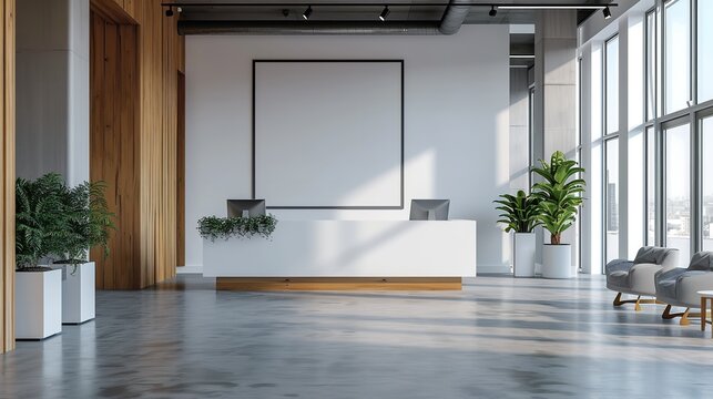 Big office welcome area with hardwood backdrop and blank white poster and space, Generative AI.