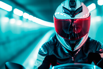 Close-up view image of professional motorbike rider riding motorcycle in a tunnel.