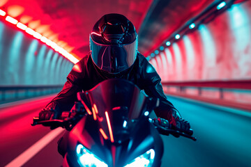 Biker in the black helmet riding motorcycle in a tunnel.