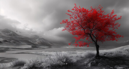 Red Tree Black and White Background Landscape