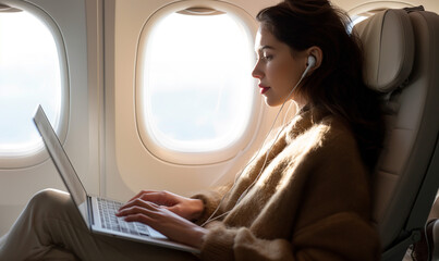 Travel Woman Passenger Flying Plane Laptop Concept - obrazy, fototapety, plakaty
