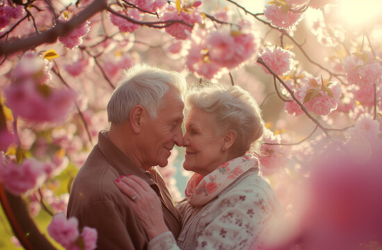 Senior Older Couple Cherry Peach Blossom Trees