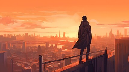 A modern man enjoying a rooftop view of the city at sunset, hands in pockets - Powered by Adobe
