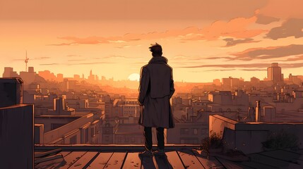 A modern man enjoying a rooftop view of the city at sunset, hands in pockets