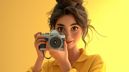 A vibrant, 3D headshot illustration of a lively cartoon woman artistically capturing the world with a camera. She is depicted wearing a chic lemon yellow tunic and exudes a sense of creativi - obrazy, fototapety, plakaty