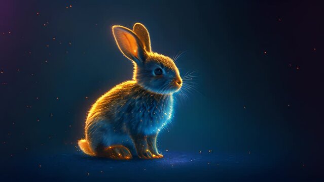 Neon glowing holographic Easter bunny. Glowing neon line Easter rabbit icon isolated on black background. Easter Bunny. 4K Video motion graphic animation. Sparkles moving