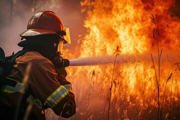 Obraz premium A firefighter in full gear extinguishes a fire