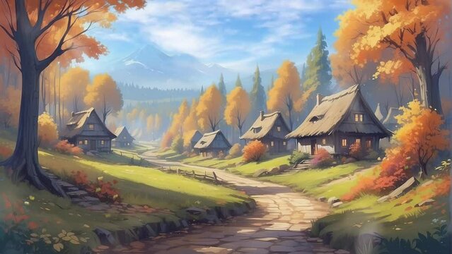 Anime background, Beautiful nature video footage animation anime cartoon, beautiful mountain landscape. Generative AI video looping animation