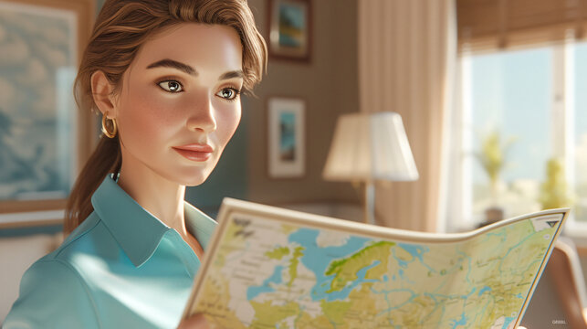 A vibrant and energetic cartoon woman wearing an aquamarine blouse, holding a map in her hand. This captivating 3D headshot illustration is perfect for travel-related projects, adventure blo