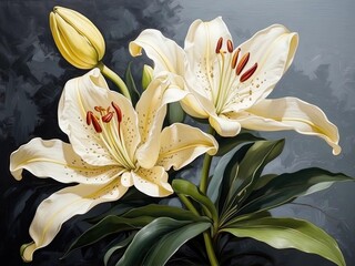 Beauty of botanic lily flowers in a stunning oil brush paint illustration on canvas.  - obrazy, fototapety, plakaty