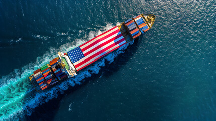 Shipping container travelling in the sea with American flag 