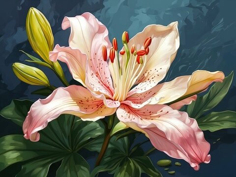 Beauty of botanic lily flowers in a stunning oil brush paint illustration on canvas. 