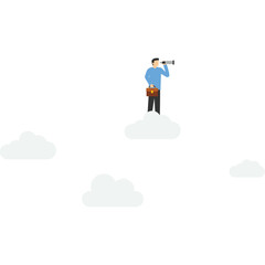 Business opportunity, smart businessman riding high cloud holding telescope or binocular to search for business visionary.

