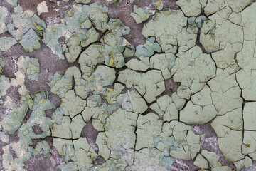 Peeling paint on the wall. Old concrete wall with cracked flaking paint. Weathered rough painted...