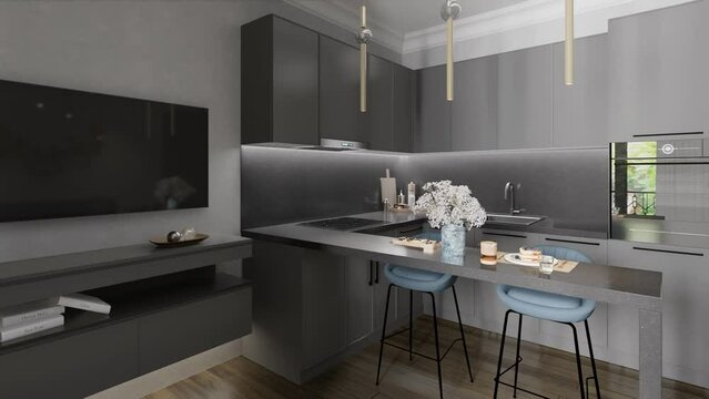 3D render. The camera circles around a small studio apartment or hotel room in gray tones.