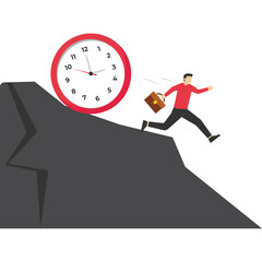 work deadline, tried businessman running away from falling rolling huge clock down hill.

