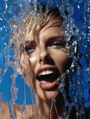 Splash Drops of water hit the young woman's face. Emotion