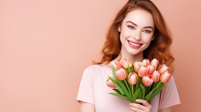 Attractive young smiling red haired woman holding bunch of pink tulips in hands copy space peach fuzz background