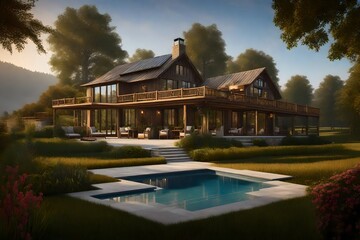 Obraz premium Craft an AI-generated masterpiece revealing the charm of a beautiful and small farm house nestled on a tranquil island.