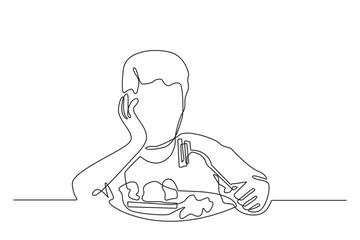 continuous line drawing of a child losing his appetite.single line of a child having no appetite.