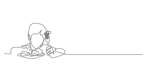 continuous line drawing of a child losing his appetite.single line of a child having no appetite.