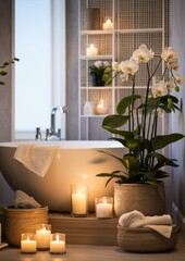 Beautiful modern bathroom with candles, white design. Generative AI.