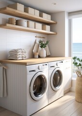 Beautiful modern laundry room, side by side washer and dryer. White design. Generative AI. - obrazy, fototapety, plakaty