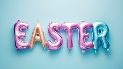 EASTER written in pastel color foil balloons pastel background - obrazy, fototapety, plakaty