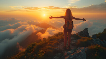 Woman Embracing Nature's Majesty Amidst Mountains and Sunset Glow