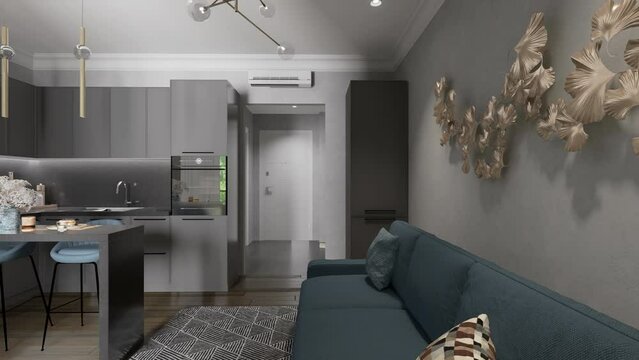 3D render. The camera circles around a small studio apartment or hotel room in gray tones.