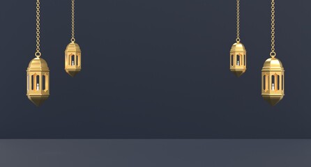 Golden lantern with candle. Arabic lamp. Decoration for ramadan kareem, eid mubarak, islamic new year. 3D rendering illustration