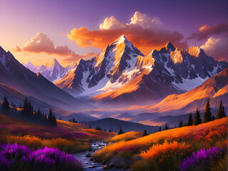 Majestic Mountain Sunset. Expansive Glow: Majestic Mountains Embraced by the Enchanting Palette of a Sunset's Warm Hues. generative AI